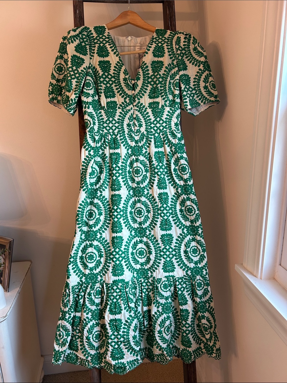 Adelyn Rae Green and White Embroidered Midi Dress | Size M | Brand New!